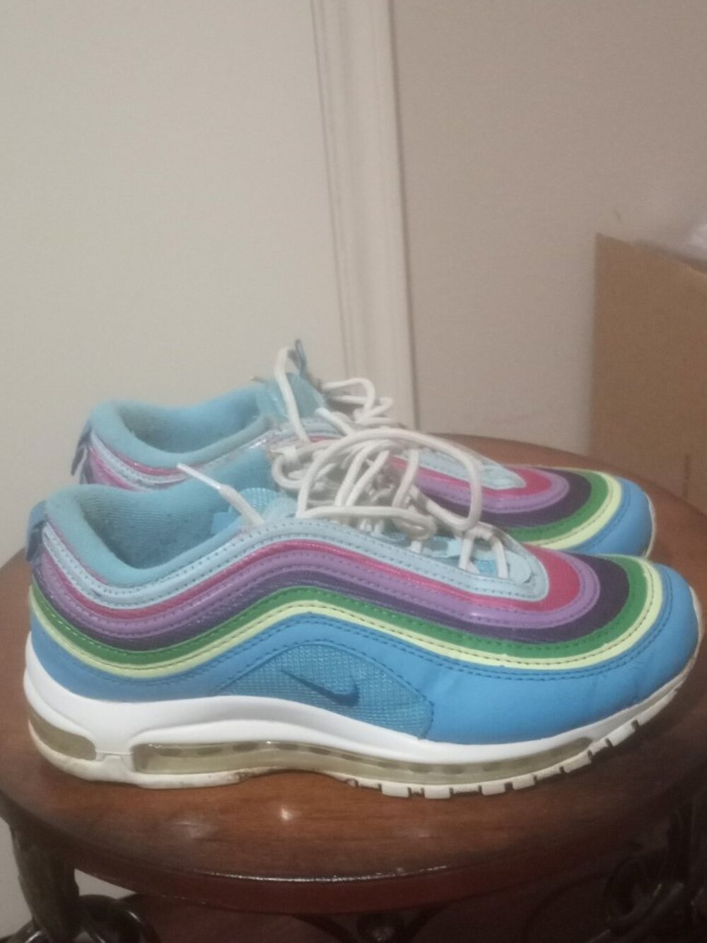 Nike Women;s 8 Air Max 97 Sneakers in Light Blue with Multicolor Waves